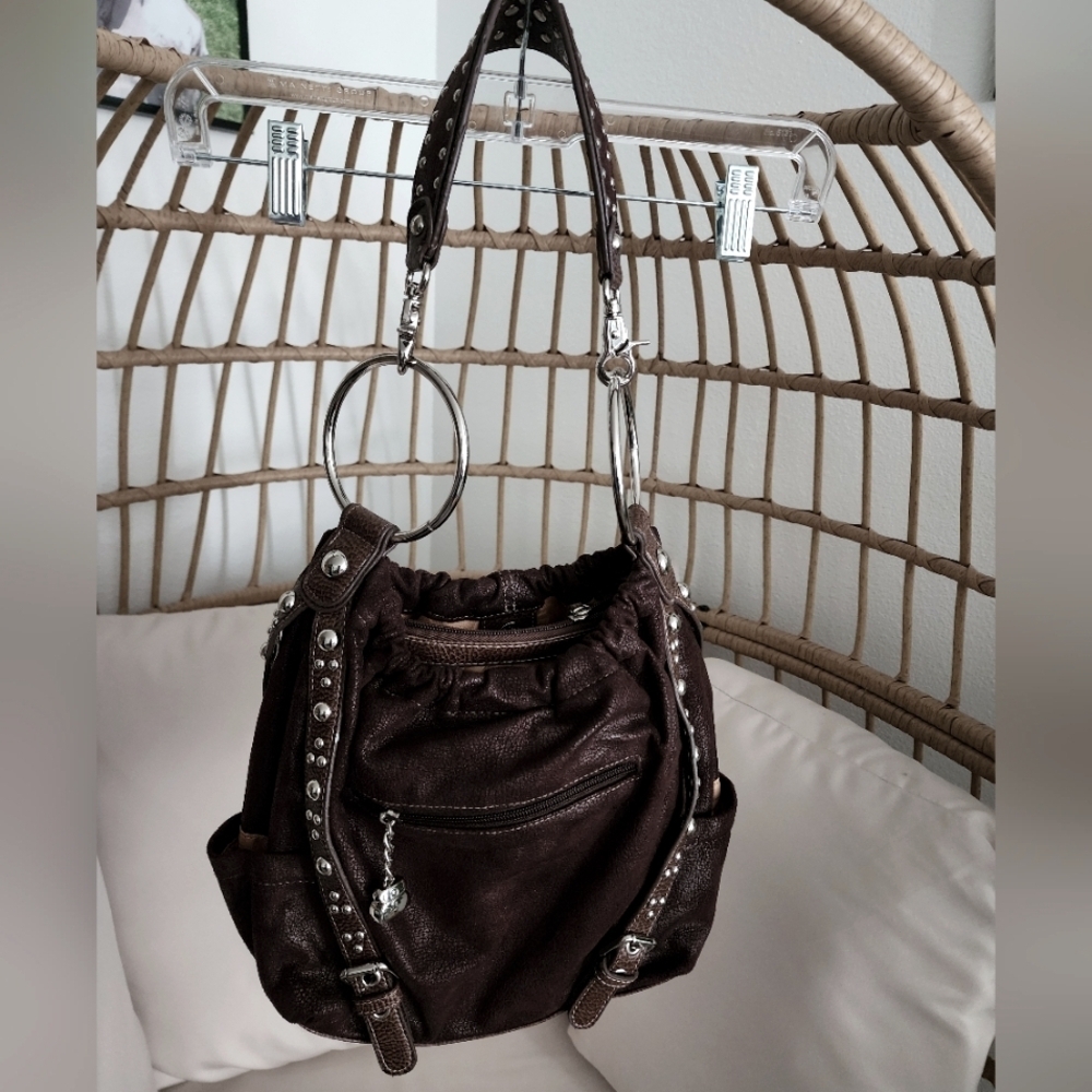 Kathy Van Zeeland Handbag Snap & Zip Close Pockets Studs Faux Leather Brown